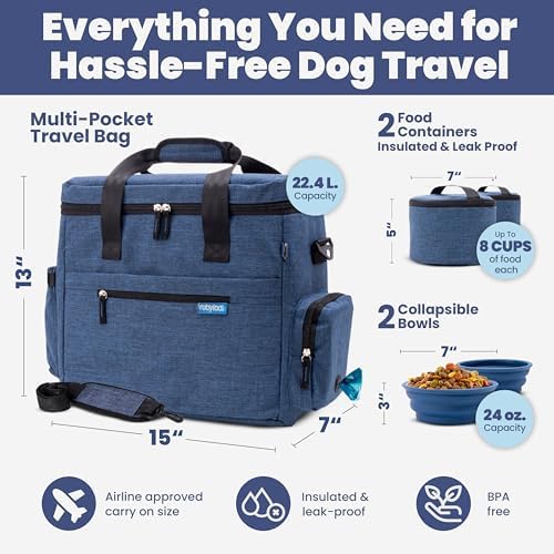 Rubyloo Original Doggy Bag (Navy) & 32oz Insulated Water Bottle with Attached 8oz Bowl (Rescued is My Favorite Breed) – Dog Travel Bag & Hydration Set