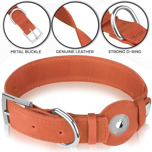 Leather Dog Collar with Airtag Holder - Apple Air Tag Dog Collars - Soft Tracking GPS Pet Collar for Small Medium Large Dogs Breed Puppy (Tawny, S, 9"-12" Neck Fit)