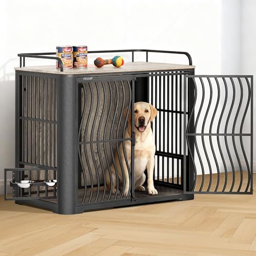 48 Inch Large Dog Crate Furniture, Heavy Duty Wood Dog Kennel Furniture Indoor for Large and Medium Dogs, Pet Crate Furniture with Adjustable Rotating Hanging Bowl and Table, White