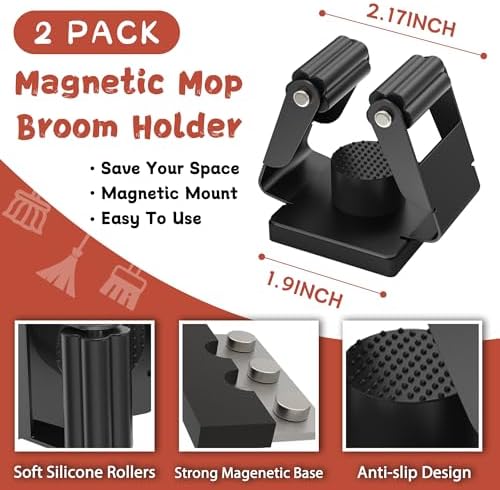 Magnetic Broom Holder,2 Pack Strong Magnetic Mount Broom and Mop Holder for Cleaning Tools,Power Non-Slip Magnetic Tool Holder Broom Hooks for Apartment RV Accessories Camper Garage Kitchen