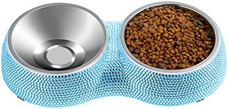 Dog Bowls Water and Food Bowls Stainless Steel with Non-Slip Resin Station and Bling Rhinestones, Pet Feeder Bowls for Puppy Medium Dogs Cats Puppy Pets (Blue, Double)