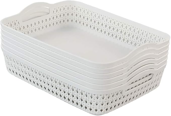 6 Packs Large Plastic Storage Tray with Handles, White | Plastic Storage Basket, Rectangle Storage Bins, Organizer Trays for Classroom, Desk, Office