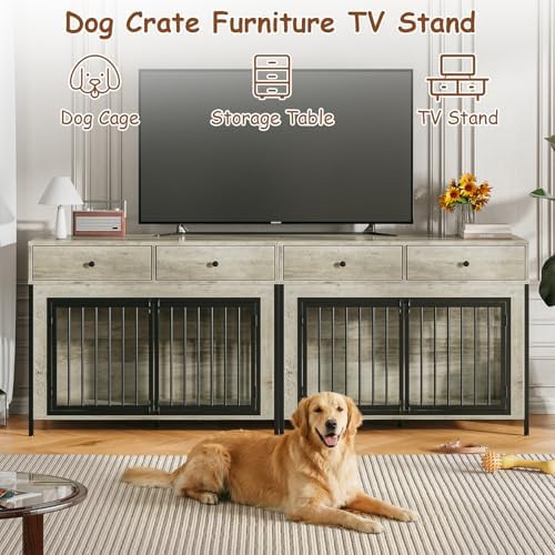 2 Pcs Large Dog Kennel Furniture with 2 Drawers, Wooden Dog Crate, Grey | 44 inch dog crate furniture with storage, decorate end table, dog cage for small medium large dogs