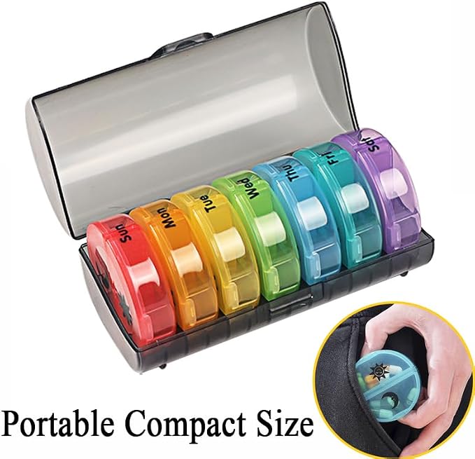 Weekly Pill Case Organizer, Twice a Day, AM PM Vitamin Reminder | Colorful 14 Compartments with Box, Portable Travel Daily Medicine Dispenser Planner for Supplement, Fish Oil, Capsule