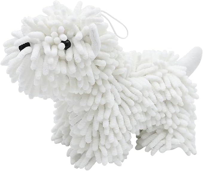 Cute Dog Chenille Hand Towel, 3D Fuzzy Puppy Hangable Ball Hand Towel Microfiber Super Soft Absorbent Bathroom & Kitchen Towels with Hanging Loop, Can Be Placed on the Sink Countertop (White)