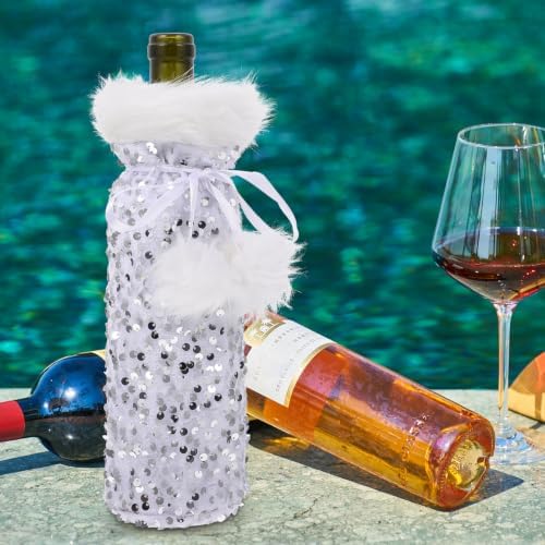 YSNOOWE Christmas Wine Bottle Cover Silver Plush Pouch for Wine Bottle Decoration and Wrapping Holiday Table Accessory with Soft Pet Material