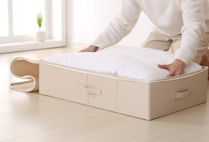 2pcs Clothing Shoes Bedding Lidded Storage Baskets for Underbed Organizer | folding design, shleves/closet/wardrobe organizer, sturdy boards inside, carrying handles around, stackable, space saving