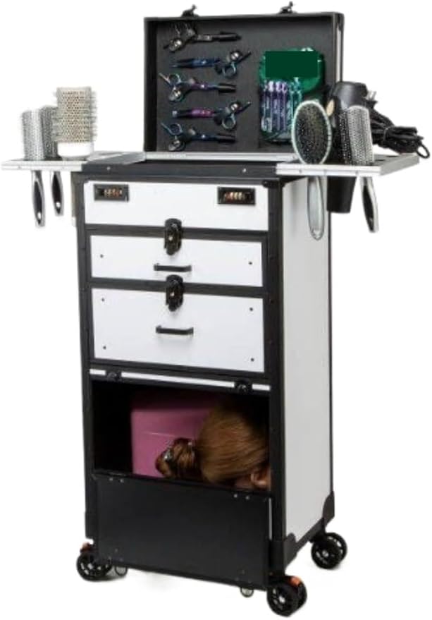 Mobile Hair Station Rolling Lockable Trolley for Beauty Salon Tools Storage, Hairdressing Travel Organizer Luggage Case with Wheels White 84.2x40.5cm