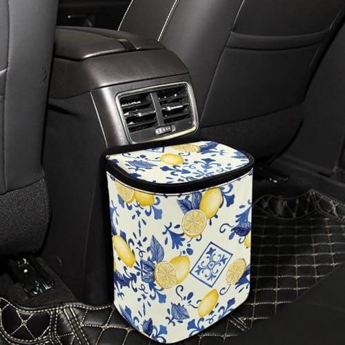 Lemon Square Print Car Accessories Back Seat Multipurpose Car Trash Can with Lid, Leak Proof Waterproof Hanging Cars Garbage Can for Road Trip Travel