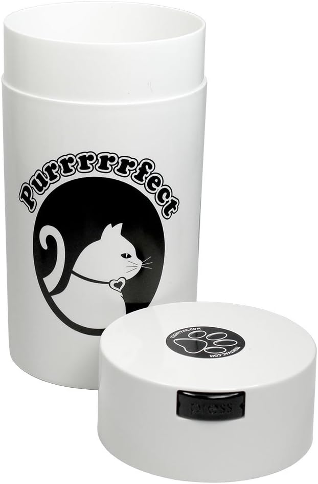 Pawvac 3 to 12 Ounces Container, Airtight Pet Food and Treats Storage Jar - Patented Vacuum Seal Container for Pet Food, Treats and other Dry Goods - White with Cat Logo