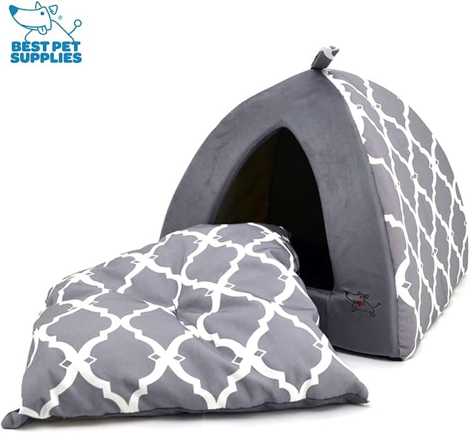 Best Pet Supplies Cat Bed for Indoor Cat, Domed Tent House with Removable Pillow, Covered Cat Cave for Small Dog, Puppies and All Breeds of Cats - Gray Lattice, 19 x 19 x H:19"