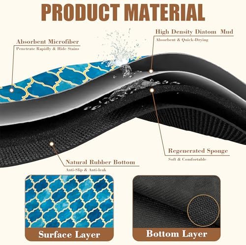 Dish Drying Mat Blue Moroccan Tile Coffee Bar Mat for Countertop Absorbent Hide Stain Rubber Backed Dish Drainer Rack Pad Coffee Maker Espresso Machine Dining Room Decor 15.7 x 23.6 Inch