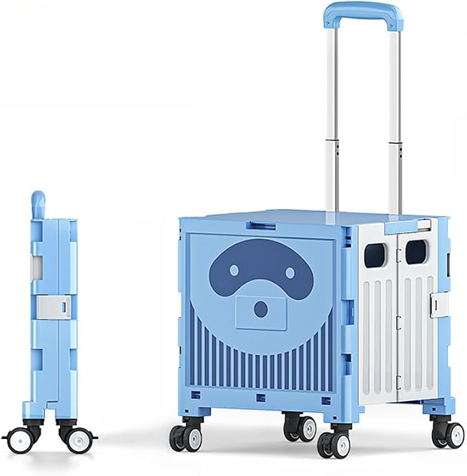 Collapsible Shopping Box Trolley on Wheels with Lid,75L Large Capacity Folding Portable Rolling Crate Handcart with Telescopic Handle for Camping (Blue,Four Wheels+lid)