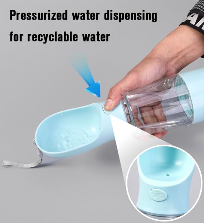 Portable Dog Water Bottle with Bowl, Food Container & Poop Bag Holder, 13.5 oz, Leak Proof Travel Pet Water Bottle for Dogs & Cats, Food Grade Plastic Dispenser for Walking, Hiking & Camping (Blue)