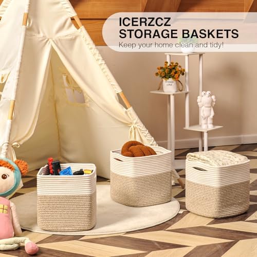 ICERZCZ 13 Inch Cube Closet Storage Bins, Woven Cotton Rope Organizer Baskets for Organizing & Shelves, Books, Towels, Clothes, Toys, 13x13x13 in, Off White & Brown (Pack of 3)