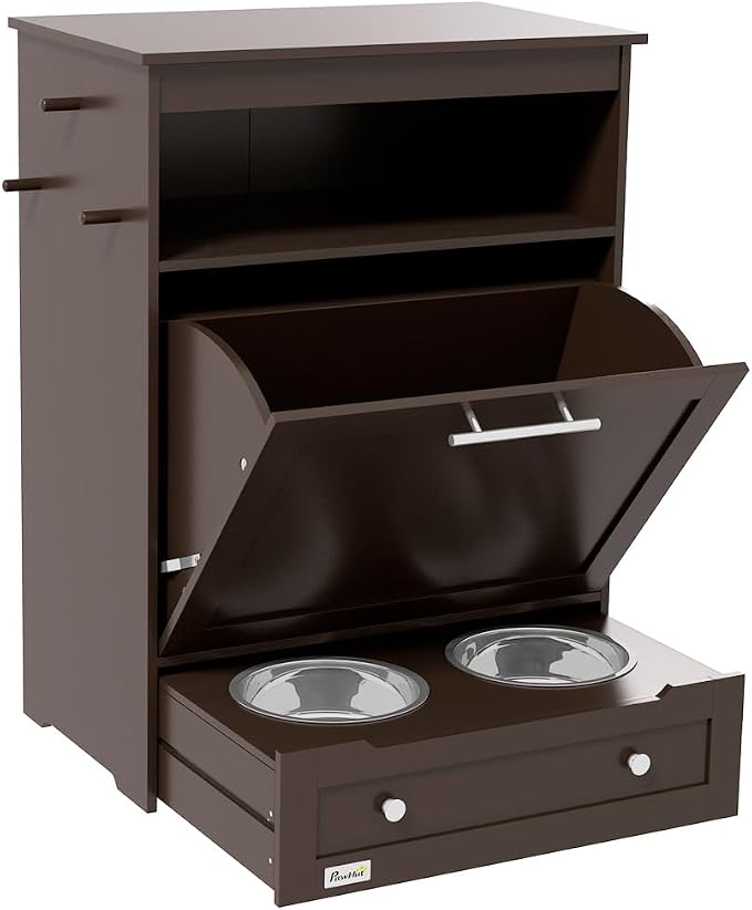 Premium Bamboo Pet Feeding Station with Built-in Food Storage, Elevated Bowls, and Integrated Supply Organizer for Dogs and Cats