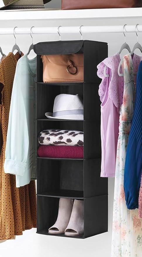 Whitmor 5 Tier Shelf Hanging Closet Organizer, Hanging Shelves with 2 Sturdy Metal Hooks,Foldable(Black) (Pack of 6)