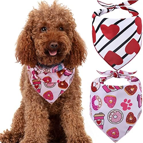 Valentine's Day Dog Bandanas - 2 Pack, Heart, Donut, Paw Printed Pet Scarves, Dog Valentines Bandanas for Small, Medium, Large Dogs, Puppy Outfit, Pink, White
