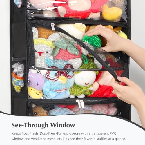Univivi Over Door Stuffed Animal Storage,5-Tier Toy Organizer,Black | Breathable Mesh,Dustproof Zipper Pockets,Clear PVC Window,Heavy Duty,for Playroom & Bedroom