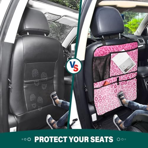 2 Pack Back Seat Car Organizer with Storage Pockets Kick Mats Back Seat Protector Hanging Car Organizer Automotive Seat Back Cover Organizers Gradient Pink Leopard Print