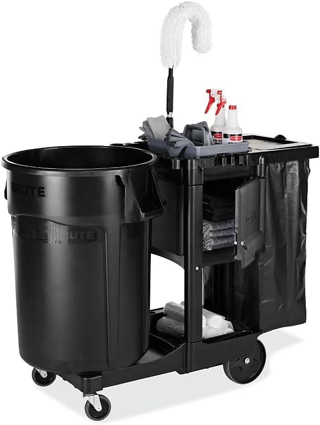 Rubbermaid Commercial Products Executive Series Janitorial and Housekeeping Cleaning Cart with Locking Cabinet, Wheeled with Zippered Black Vinyl Bag, Black, 38.4" H x 21.8" W x 46" L