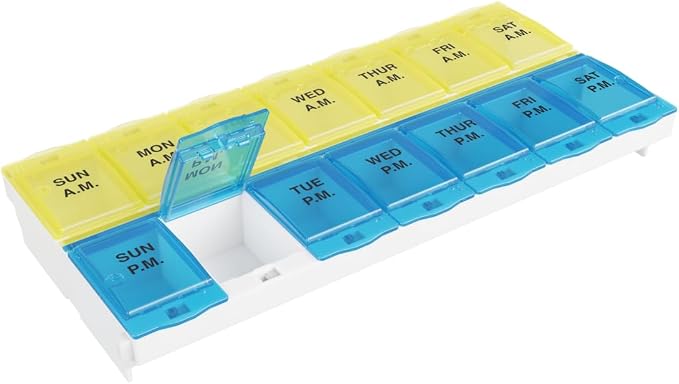 Ezy Dose Weekly (7-Day) AM/PM Pill Organizer, 2XL Planner, Blue/Yellow | Daily Medicine, Vitamin & Supplement Case, 2 Times a Day Pop-Up Compartments, Arthritis-Friendly, Travel-Friendly, BPA-Free