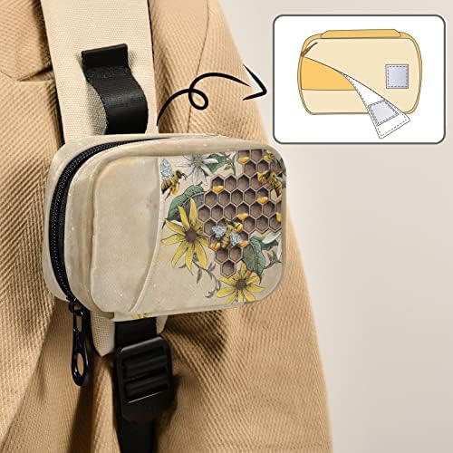 Vintage Sunflower Bee Pill Box 7 Day Pill Case Travel Pill Organizer Bag with Zipper Portable Weekly Case Compact Size for Vitamin Supplement Holder