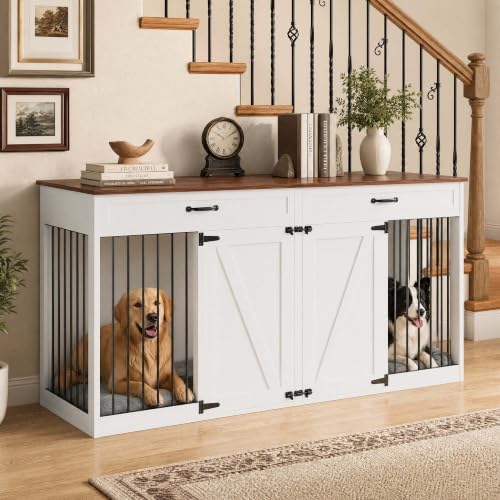 71'' Dog Crate Furniture for 2 Dogs, Dog Crate with 2 Drawer, Farmhouse Dog Crate with Removable Divider Dog Kennel Furniture, Heavy Duty Dog Cage and TV Stand for Large Medium Dogs