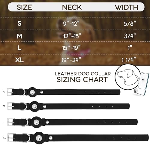 Leather Dog Collar with Airtag Holder - Apple Air Tag Dog Collars - Soft Tracking GPS Pet Collar for Small Medium Large Dogs Breed Puppy (Black, S, 9"-12" Neck Fit)