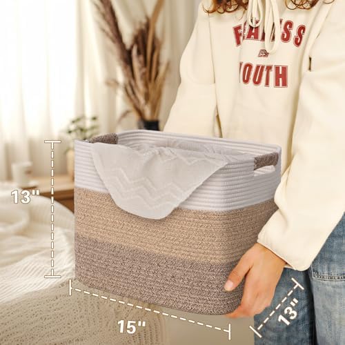 15×13 Inch Storage Cubes, 3 Pack Cube Storage Bins for Organizing, Cotton Rope Woven Baskets for Shelves, Bathroom, Kids Room, Closets, Baby Nursery