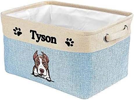 Custom Storage Basket with Cute Dog Pit Bull Collapsible Sturdy Fabric Pet Toys Fabric Dog Toy Storage Bin Cube with Handles for Organizing, Blue amd White