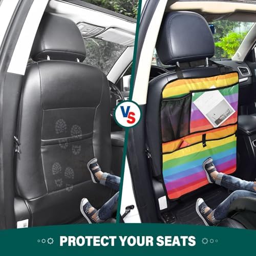 2 Pack Back Seat Car Organizer with Storage Pockets Kick Mats Back Seat Protector Hanging Car Organizer Automotive Seat Back Cover Organizers Vibrant Colorful Stripes