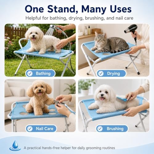 Foldable Pet Bathing Stand, Dog Grooming Hammock for Bathing (Gray) | Foldable Pet Bathing Stand with Quick-Dry 8-Hole Mesh, Stable Steel Grooming Rack for Washing and Nail Trimming