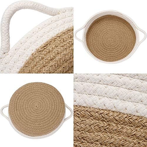 Sea Team 2-Pack Compact Woven Cotton Rope Storage Baskets, Flaxen | Knitted Decorative Organizer Bins with Handles, Portable Round Containers for Small Items, Keys, Makeup, Jewelry, Trinkets