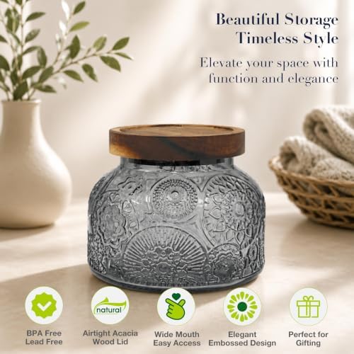 Decorative Grey Embossed Glass Jar with Airtight Wooden Lid, 25.4 fl. oz | Wide mouth vintage storage canister, kitchen pantry bathroom organization, coffee sugar tea cookie candy candle vase gift