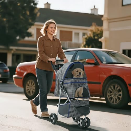 Foldable 3-Wheel Pet Stroller for Small/Medium Dogs & Cats, Plaid | Storage Basket & Cup Holder, Breathable Mesh Cover, Lightweight and Durable, for Small to Medium Pets, up to 33 lbs