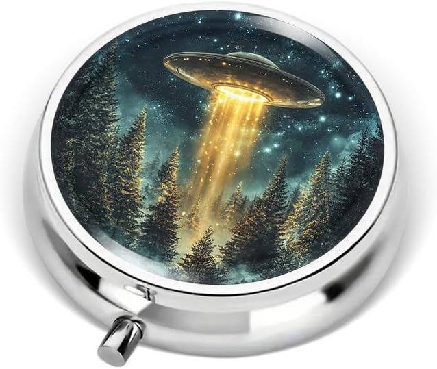 Portable Round 3 Compartment Metal Pill Box Capturing Classic UFO Imagery Ideal for Travel Organizing Medication or Storing Small Essentials