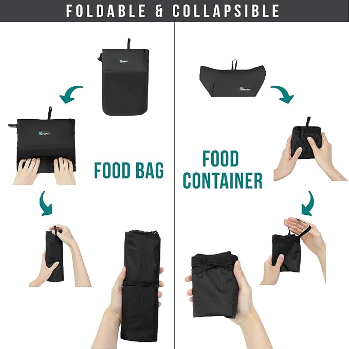 PetAmi Travel Dog Food Bag with 2 Collapsible Bowls Waterproof Dog Kibble Storage & Foldable Food Water Bowls for Dogs & Cats, Hiking & Camping (Black, Grey)