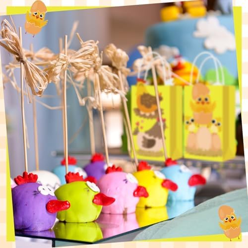 Trnayi 16 Pcs Gold Glitter Chicken Party Favor Bags Kraft Farm Animal Themed Goodie Bags with Handles Double-sided Printing Treat Bag for Birthday Easter Farm Animal Party Decorations
