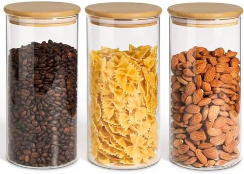 ComSaf Glass Storage Containers with Lids 1.5 Qt, Set of 3 Food Storage Jar | Glass Containers with Bamboo lids, Glass Canisters, Kitchen Cabinet Storage, Tea, Spice, Coffee, Cereal, Dry Food, BPA Free