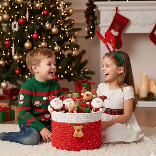 Christmas Baskets Cotton Rope Baskets for Christmas Empty Red Christmas Toy Bin, Christmas Gift Bin Large Blanket Storage Baby Basket for Kids Room/Living room (Reindeer Large)
