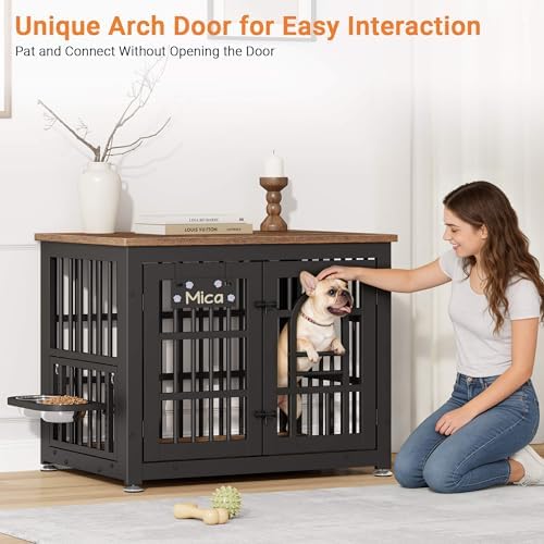 YaFiti 31.5" Dog Crate Furniture, Wooden Dog Kennel with Bowl, Rustic Brown | Adjustable 360° Rotating Feeder, Name Tag, for Small Dogs, Chew-Resistant, Heavy Duty, Side End Table, Decorative Pet Cage