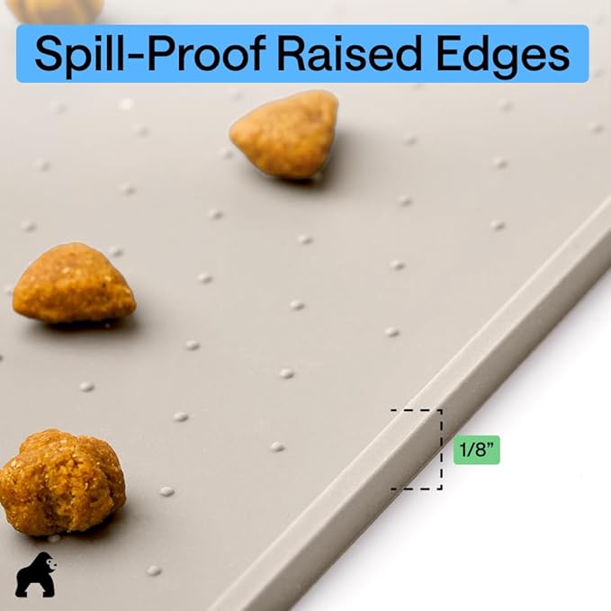 GORILLA GRIP 100% Waterproof Raised Edge BPA Free Silicone Pet Feeding Mat, Dog Cat Food Mats Contain Spills Protects Floors, Placemats for Cats and Dogs Water Bowl, Pets Accessories 26x17 Beige