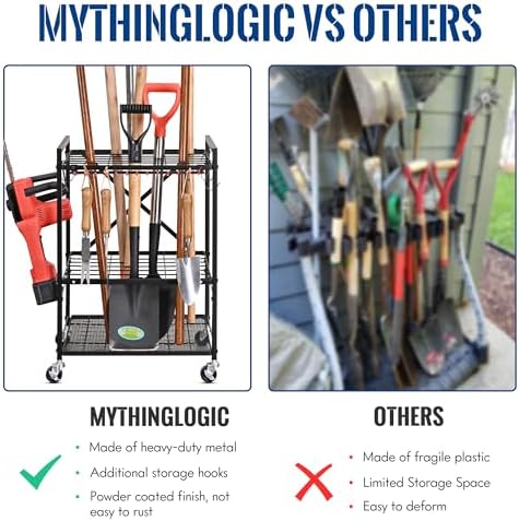 Mythinglogic Rolling Garden Tool Organizer for Garage and Yard Tools | Metal rolling rack with multiple tool slots, movable hooks and locking casters for rakes, shovels, brooms and yard tools