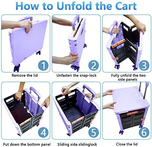 Quick Utility Cart Folding Portable Rolling Crate Handcart with Durable Heavy Duty Plastic Telescoping Handle Collapsible 4 Rotate Wheels for Travel Shopping Moving Luggage Office Use (Purple)