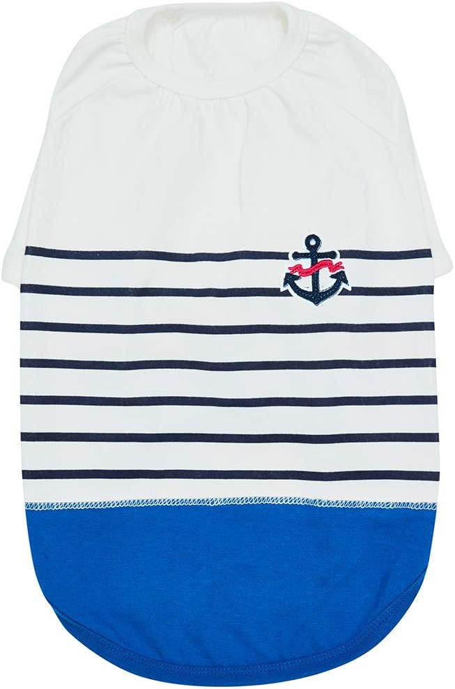 Blueberry Pet Soft & Comfy Summer Vacation Beach Cotton Dog T-Shirt in Blue Stripes, Sea Lover Shirt Tank Top Clothes, Back Length 20", for Large Dogs