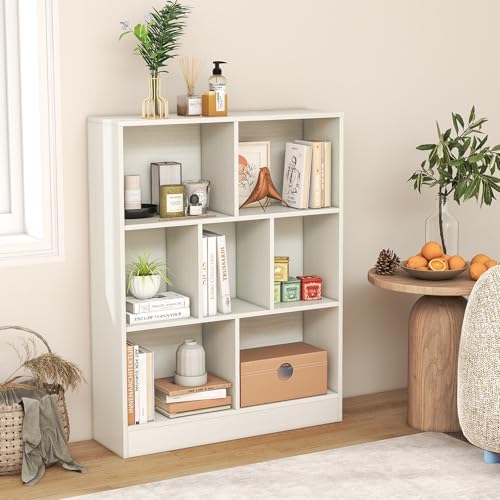 Giantex 7 Cube Bookcase, 4-Tier Freestanding Bookshelf w/ 7 Open Compartments, 2 Anti-Tipping Kits, Modern Display Cabinet, 41" Wood Cubby Storage Organizer for Living Room, Bedroom, White