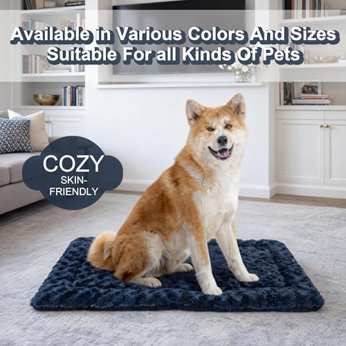 Washable Dog Bed Mat With Anti-Slip Bottom, Deluxe Plush Memory Foam Crate Pad & Waterproof Outdoor Kennel Mat For Dogs & Cats-Durable Crates Beds, Large Medium Small Puppy Size 36" x 24",Blue