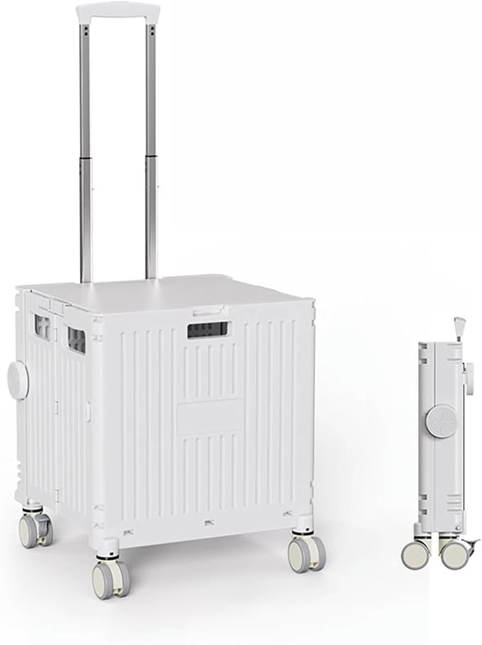 Collapsible Wheeled Crate with Lid,Folding Utility Cart Portable Rolling Crate Handcart,asket on 4 Rotate Wheels,Can Climb Stairs,Heavy Loads and Easy Storage White 40x43.5x101cm