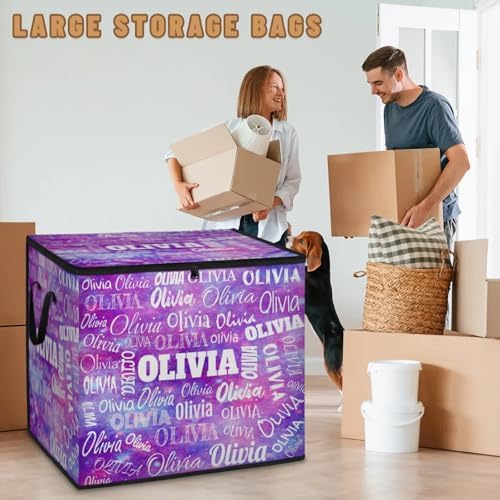 Custom Storage Baskets Cubes for Home with Name, Large Foldable Organizer Collapsible Storage Bins for Home Blanket Comforters Clothes Closet Nursery, Watercolor Purple Galaxy Background